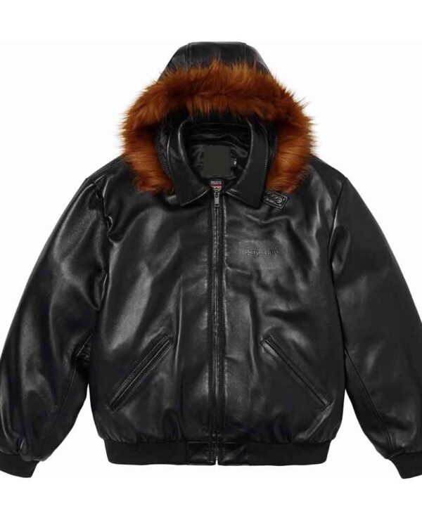 Leather Bomber Jacket with Fur Hood